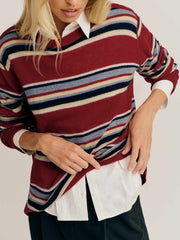 Cashmere Boyfriend Sweater - Crimson Multi Stripe