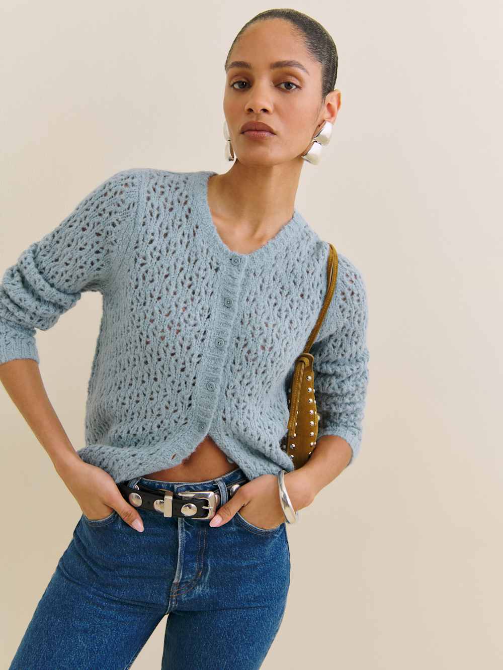 Clara Crew Cardigan - Mineral Pointelle