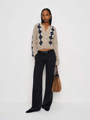 Clara Cashmere Crew Cardigan - Oatmeal Navy Argyle