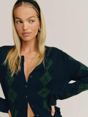 Clara Cashmere Crew Cardigan - Navy Multi Argyle