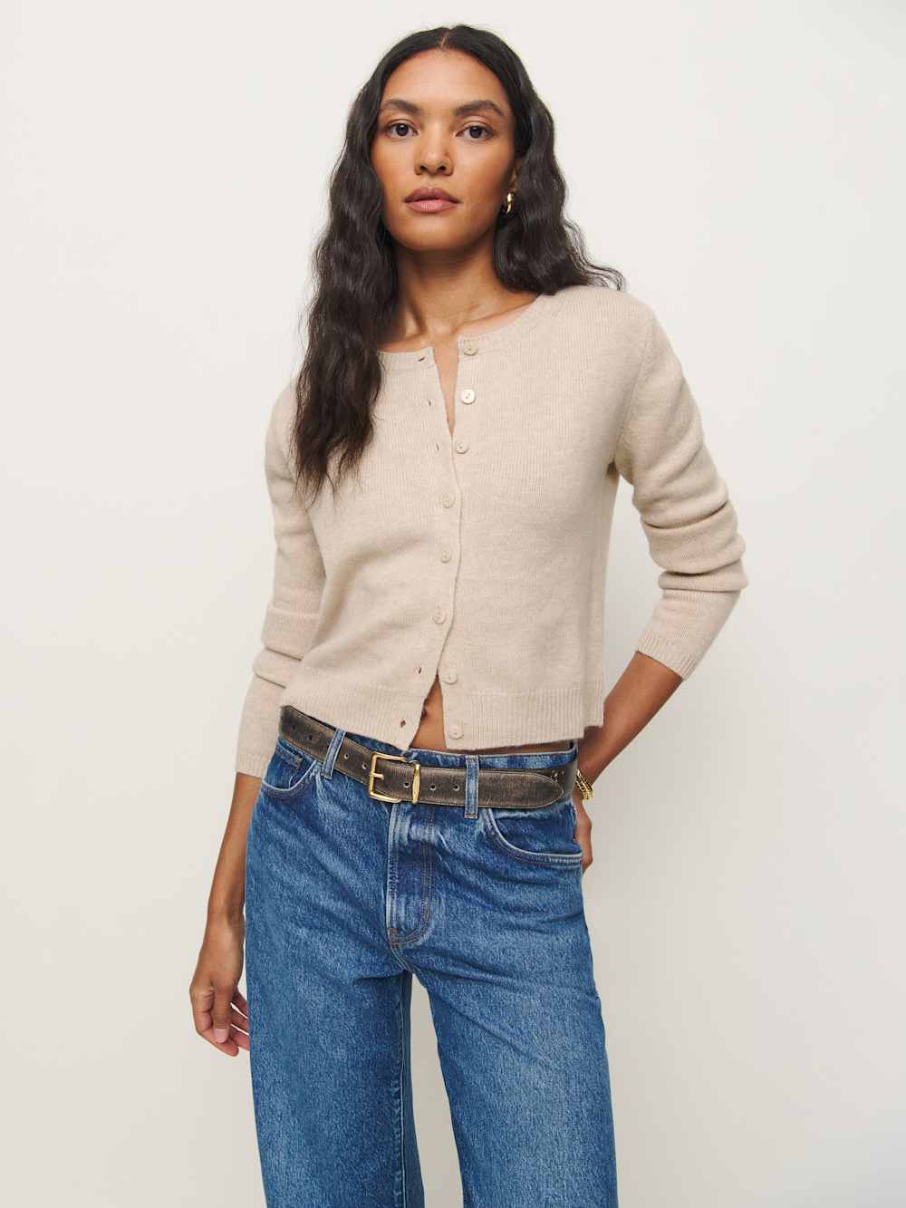 Clara Cashmere Crew Cardigan - Wheat