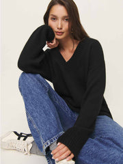 Jadey Cashmere Oversized V-neck Sweater - Black