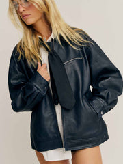 Veda Marco Leather Oversized Bomber - Navy
