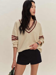 Sienna Oversized Cotton V Neck Sweater - Birch Chianti