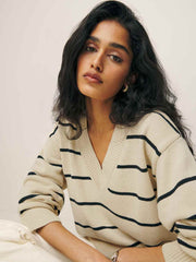 Sienna Oversized Cotton V Neck Sweater - Birch With Black Stripe