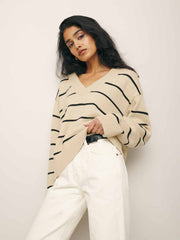 Sienna Oversized Cotton V Neck Sweater - Birch With Black Stripe