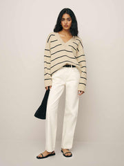 Sienna Oversized Cotton V Neck Sweater - Birch With Black Stripe