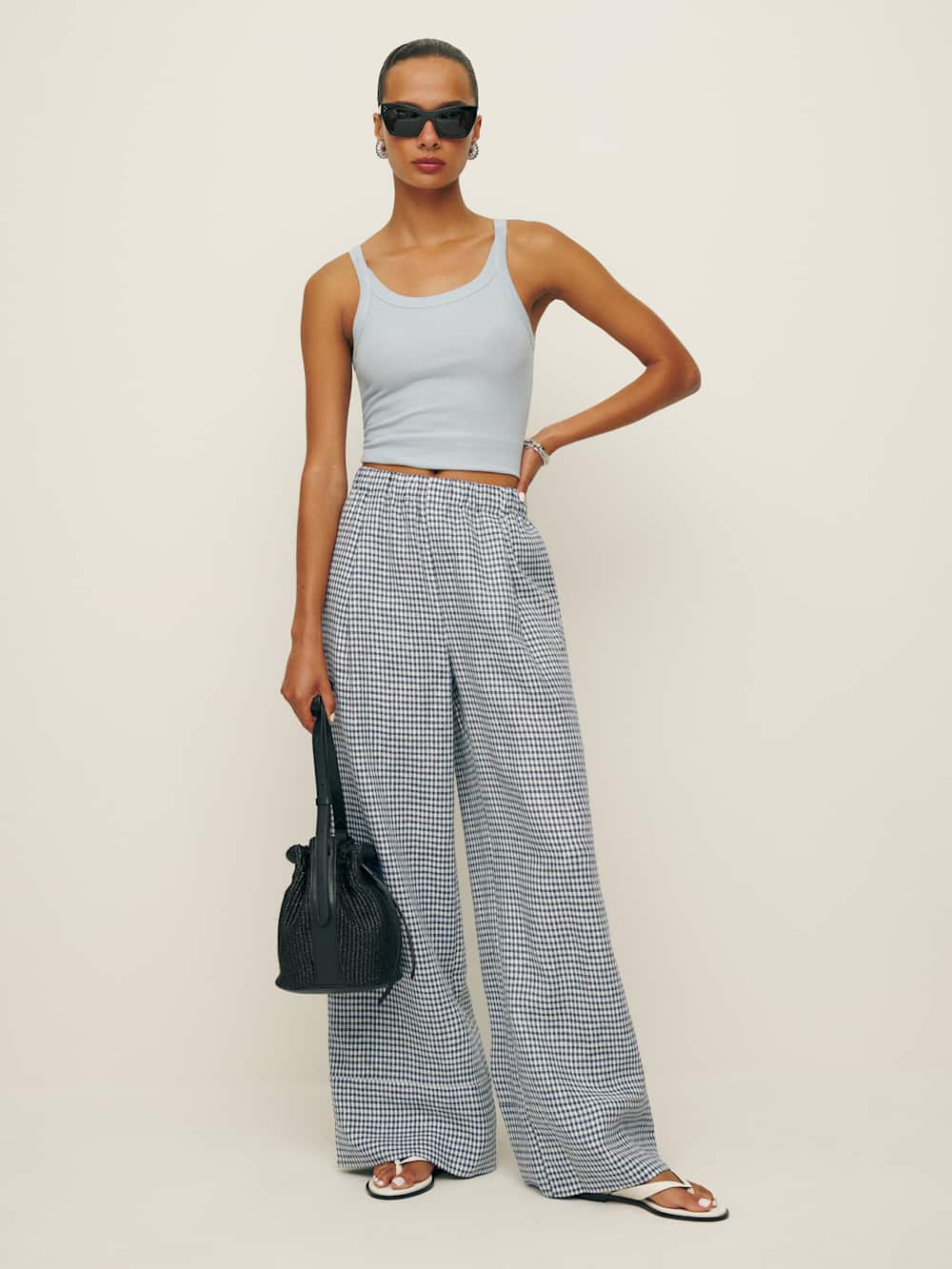 Fernando Linen Wide Leg Pant - Slate Check