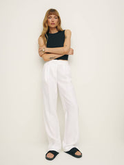 Petites Alex Linen Mid Rise Pant - White