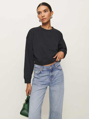 Grace Cropped Vintage Oversized Crewneck Sweatshirt - Black