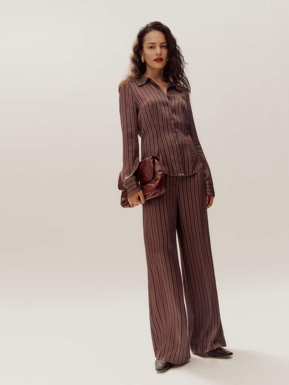 Norah Wide Leg Satin Pant - Mahogany Stripe
