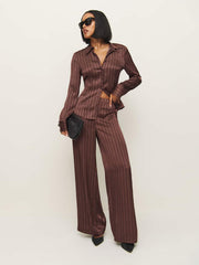 Norah Wide Leg Satin Pant - Mahogany Stripe