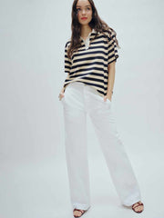 Jean Knit Shirt - Cream And Navy Stripe