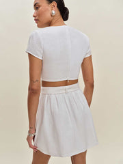 Niki Belted Linen Two Piece - White