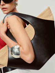 Siena Top Handle Tote - Black Leather Natural Raffia