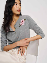 Gracie Cashmere Crew Cardigan - Floral Embroidery
