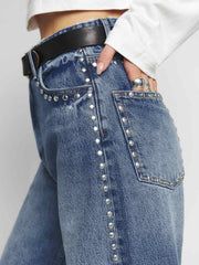 Cary High Rise Slouchy Wide Leg Long Jeans - Chesapeake Studded