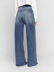 Cary High Rise Slouchy Wide Leg Long Jeans - Chesapeake Studded
