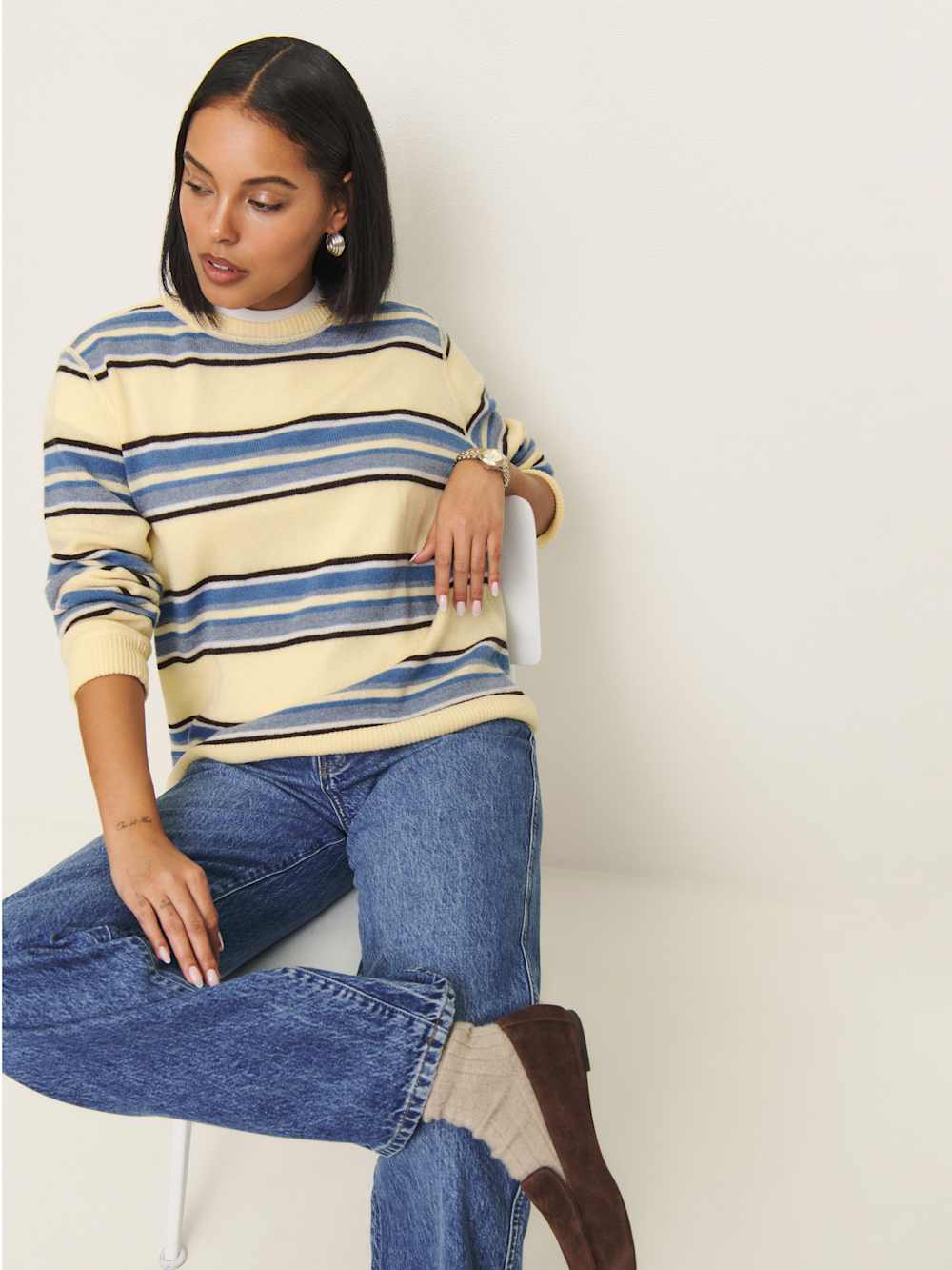 Cashmere Boyfriend Sweater - Parmesan Multi Stripe