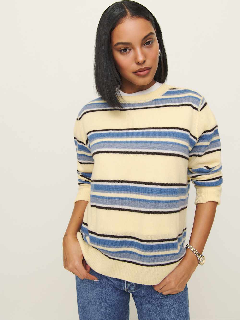 Cashmere Boyfriend Sweater - Parmesan Multi Stripe