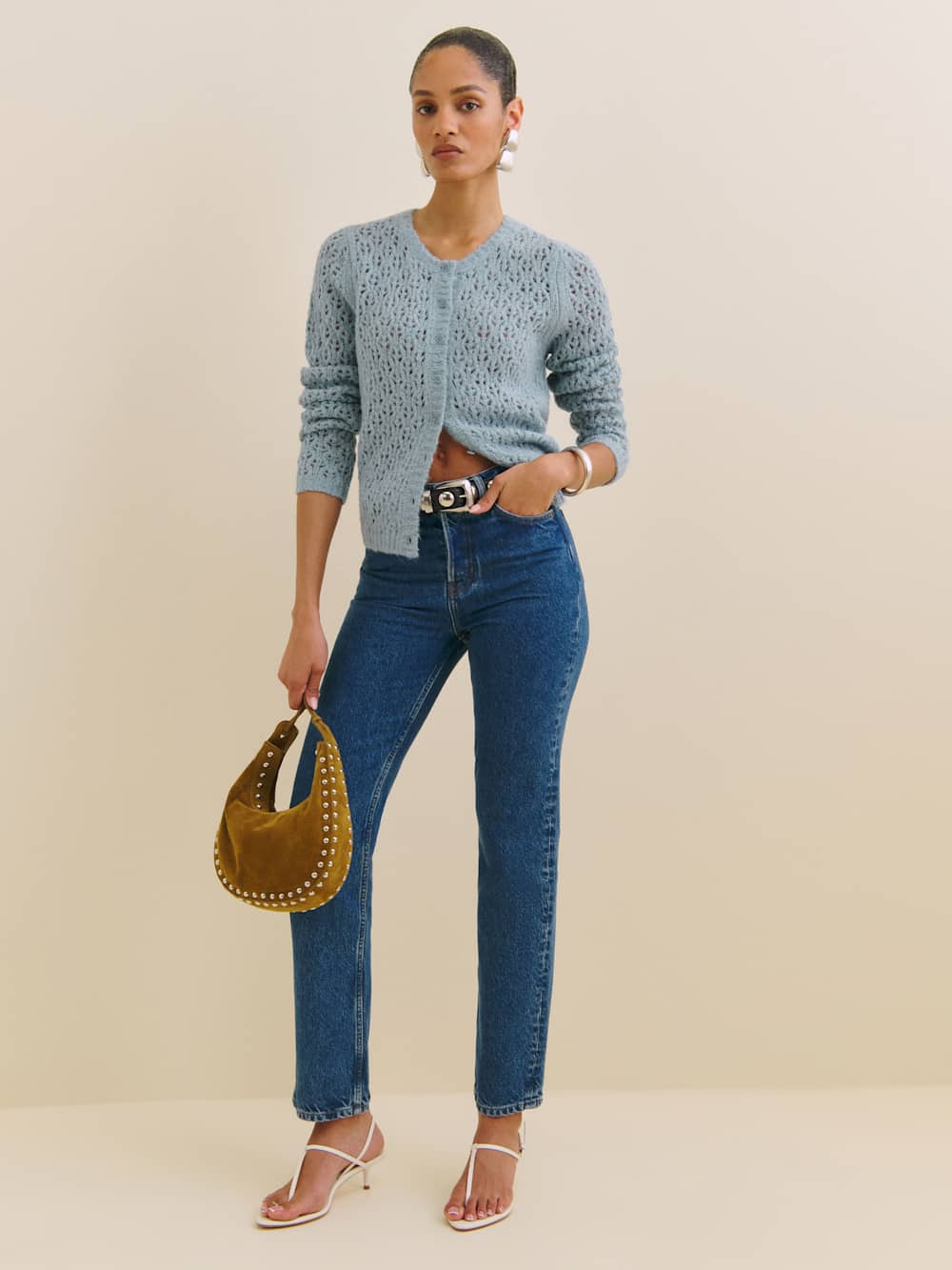 Clara Crew Cardigan - Mineral Pointelle