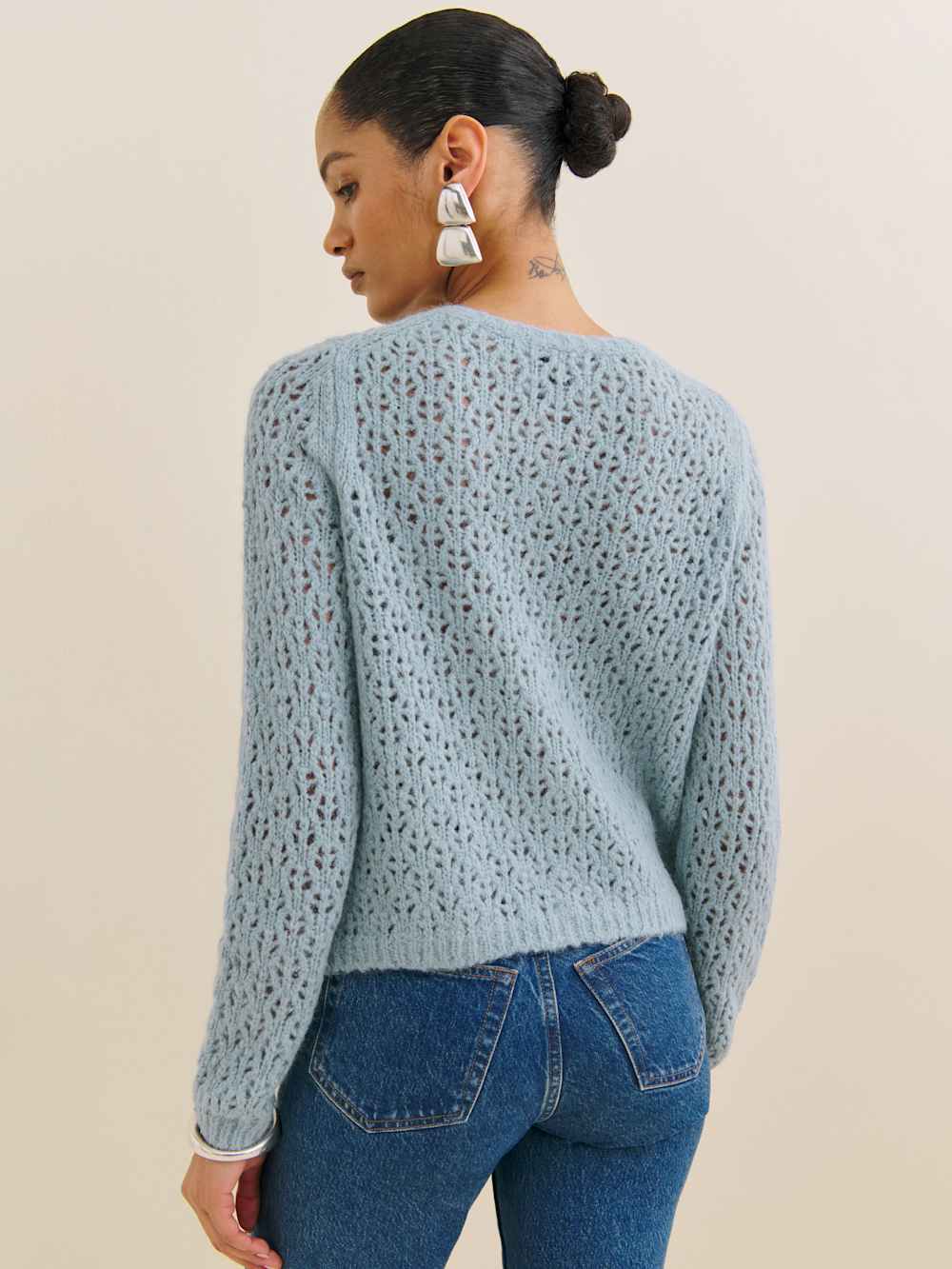 Clara Crew Cardigan - Mineral Pointelle