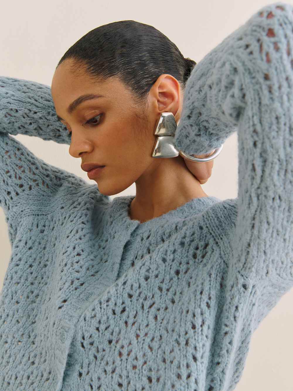Clara Crew Cardigan - Mineral Pointelle