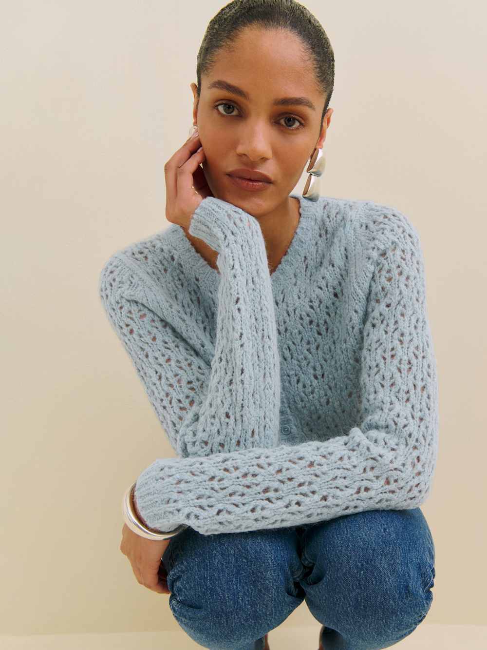 Clara Crew Cardigan - Mineral Pointelle