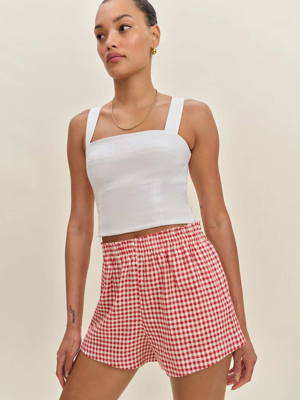 Mila Linen Short - Tomato Check