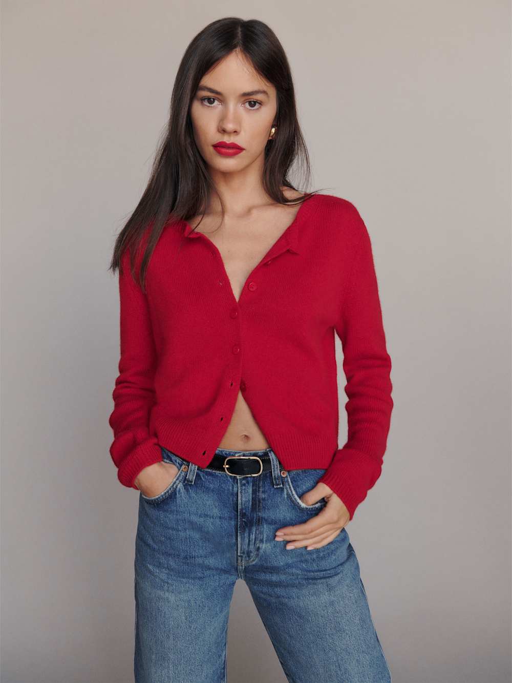 Clara Cashmere Crew Cardigan - Cherry