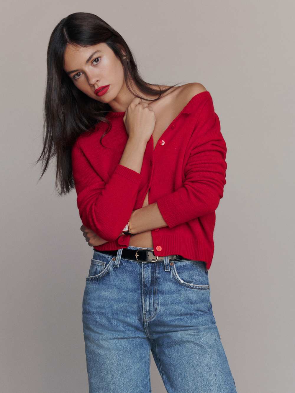 Clara Cashmere Crew Cardigan - Cherry