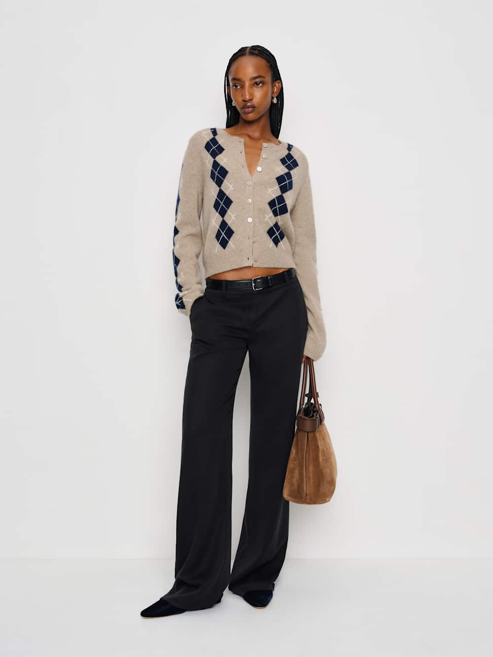 Clara Cashmere Crew Cardigan - Oatmeal Navy Argyle
