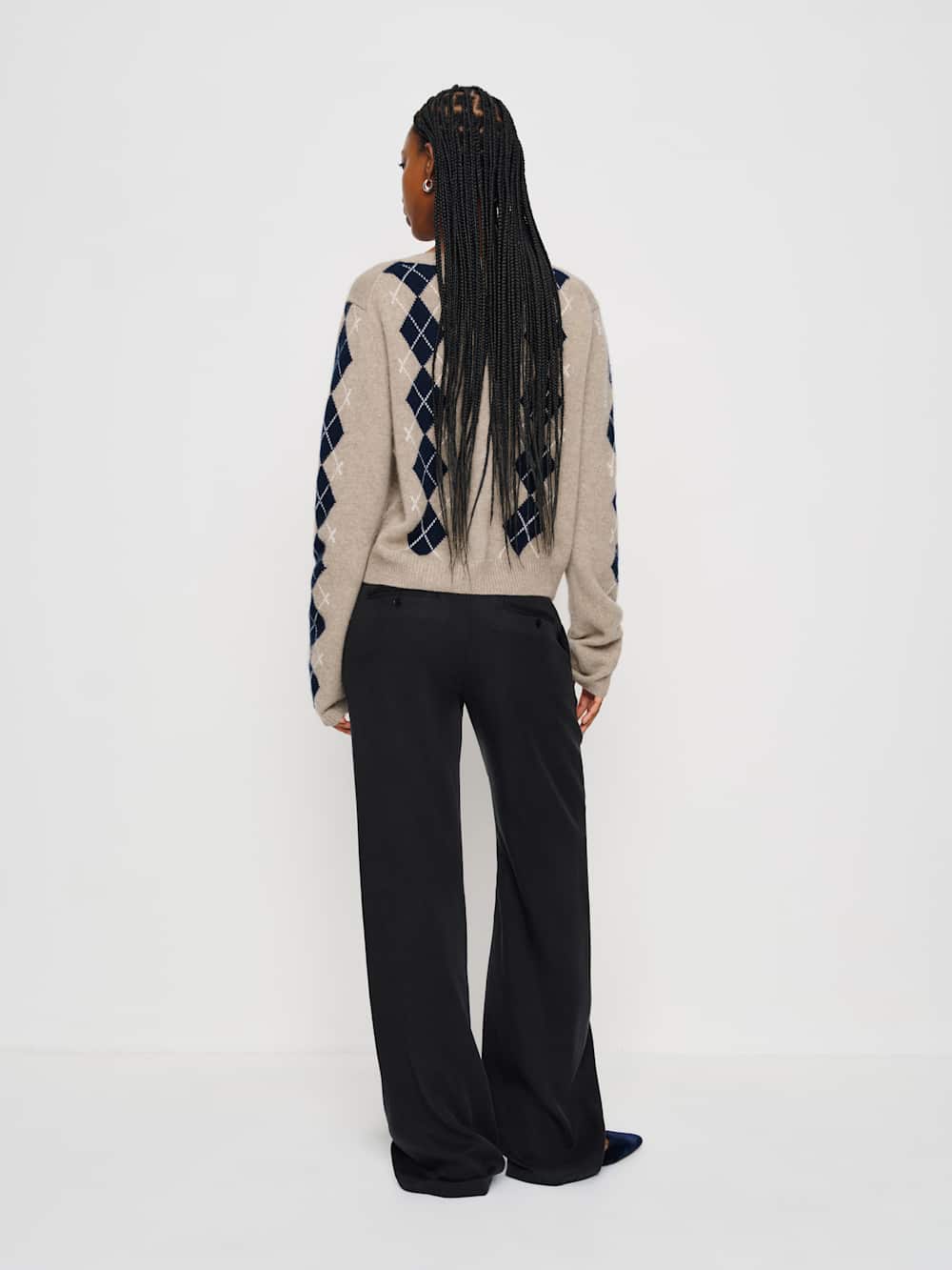 Clara Cashmere Crew Cardigan - Oatmeal Navy Argyle