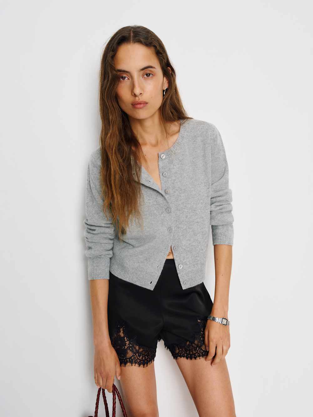 Clara Cashmere Crew Cardigan - Granite