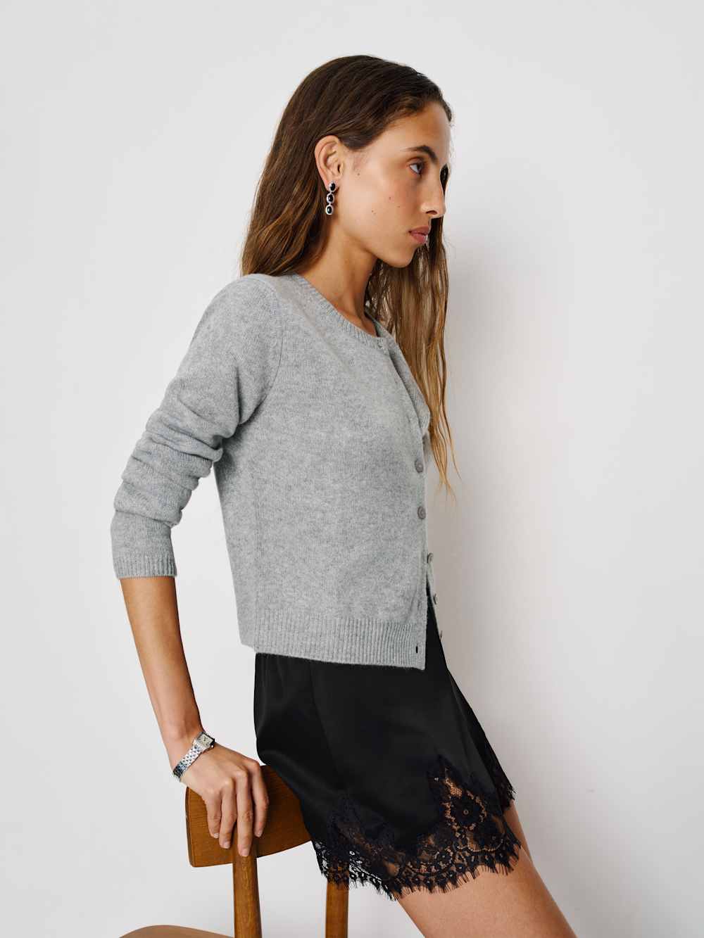 Clara Cashmere Crew Cardigan - Granite