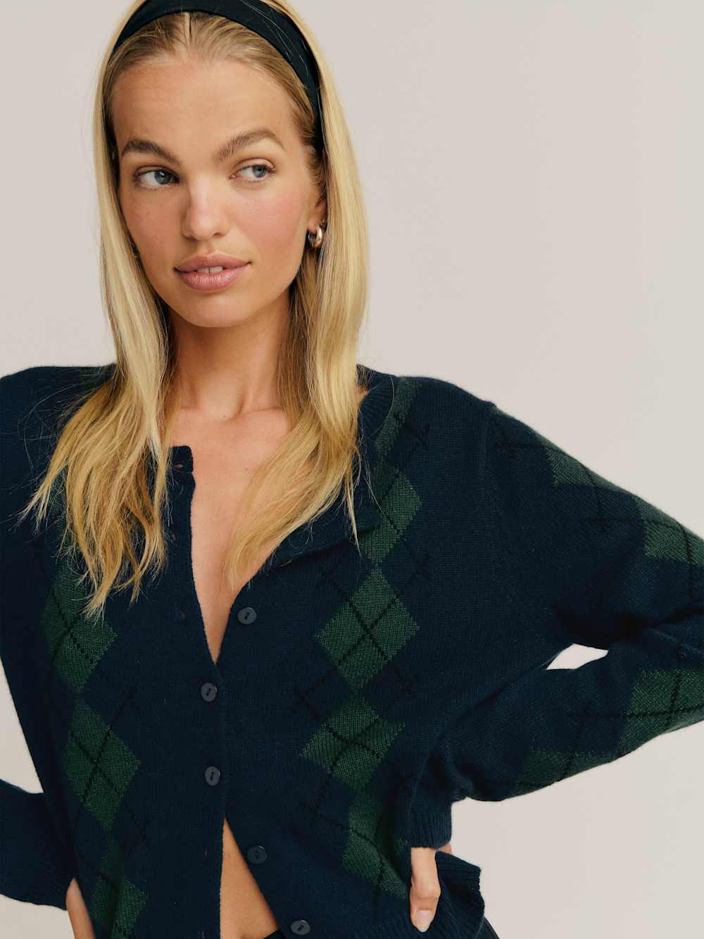 Clara Cashmere Crew Cardigan - Navy Multi Argyle