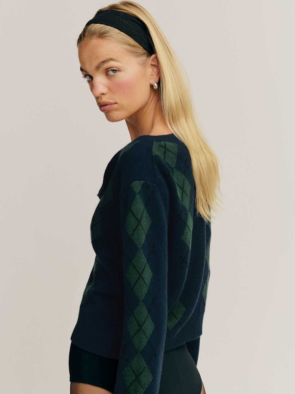 Clara Cashmere Crew Cardigan - Navy Multi Argyle