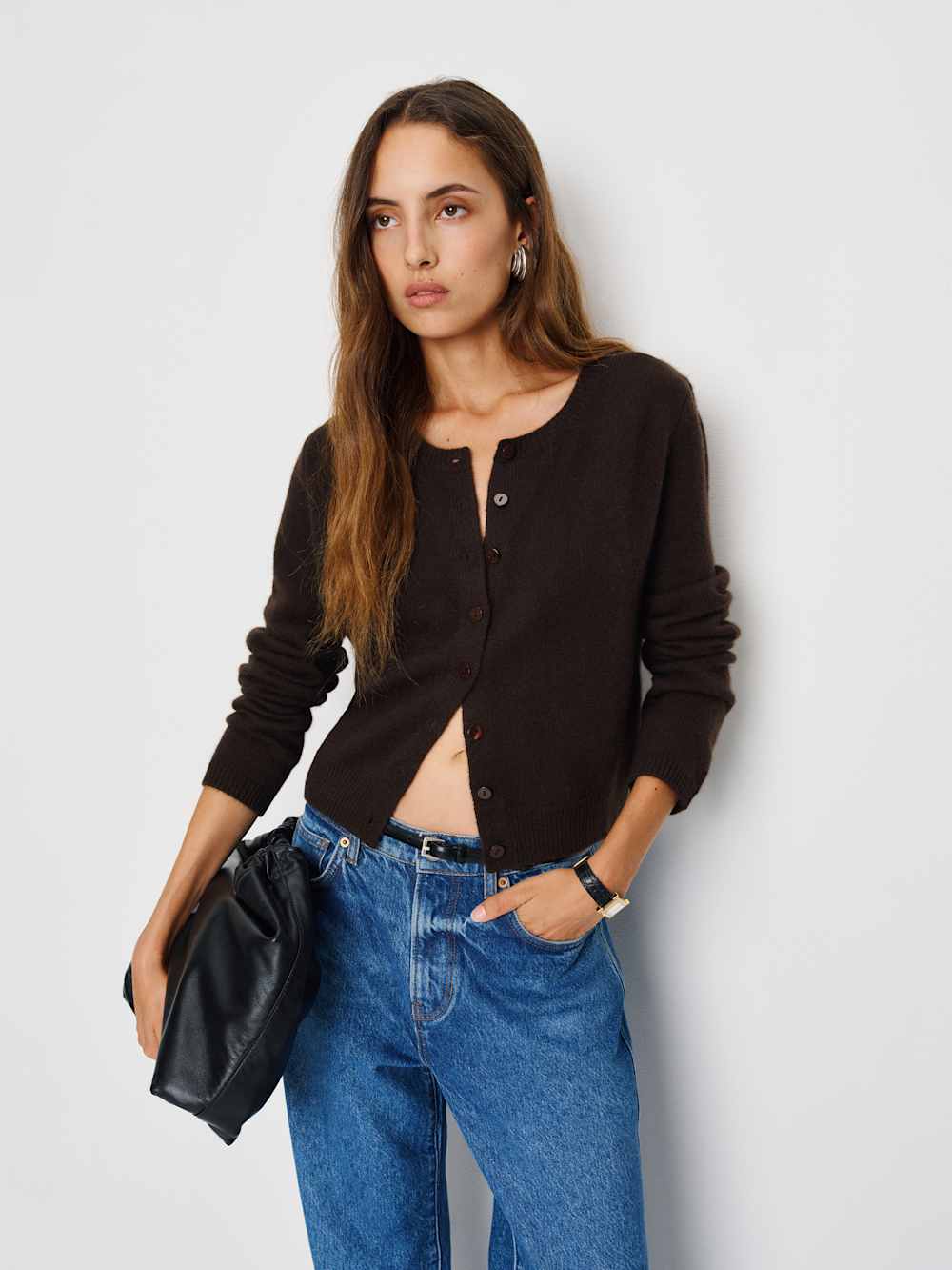Clara Cashmere Crew Cardigan - Mole