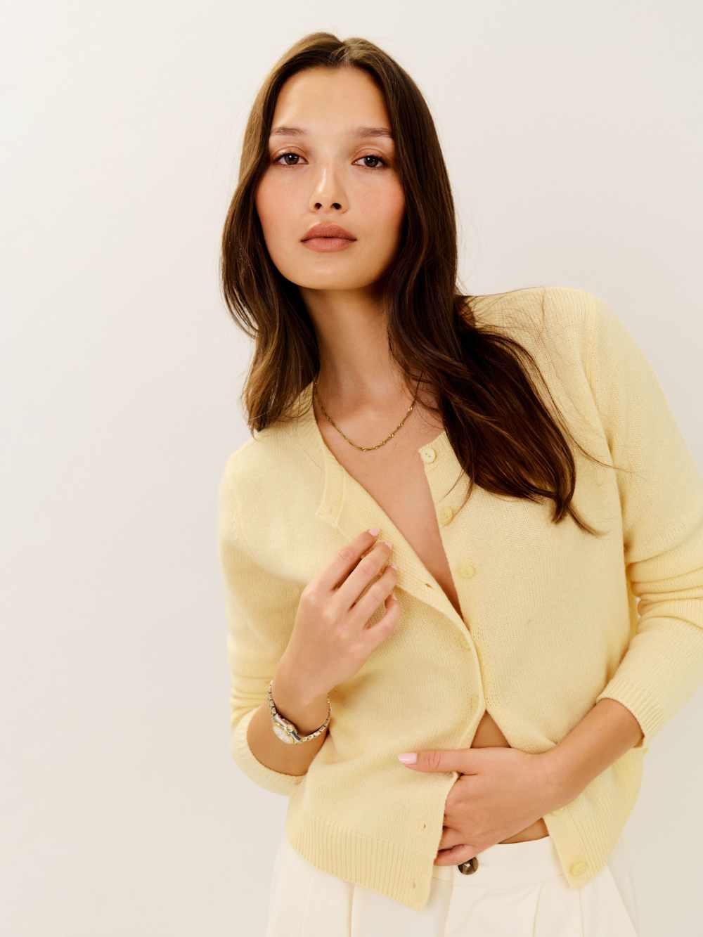 Clara Cashmere Crew Cardigan - Parmesan