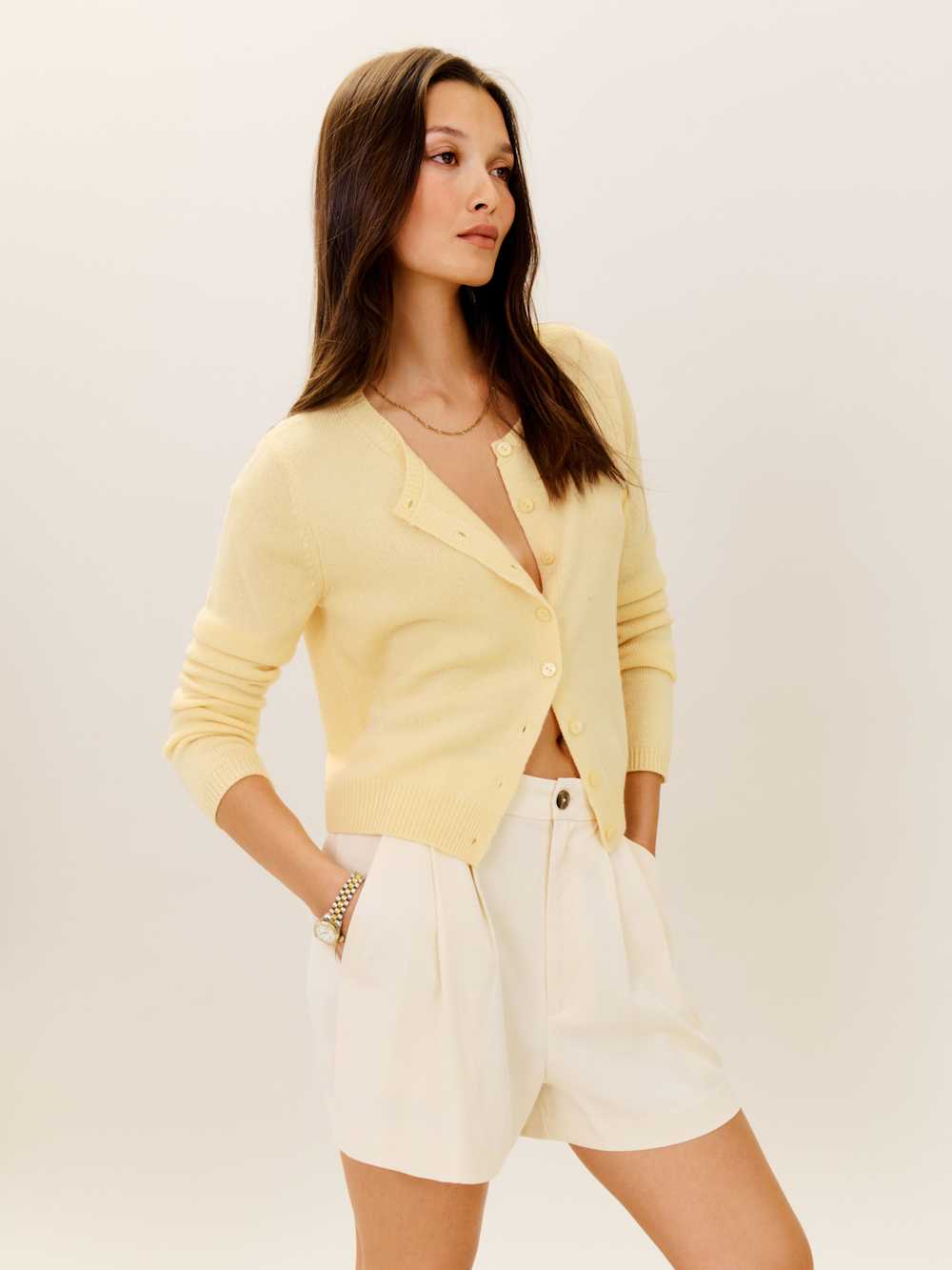 Clara Cashmere Crew Cardigan - Parmesan
