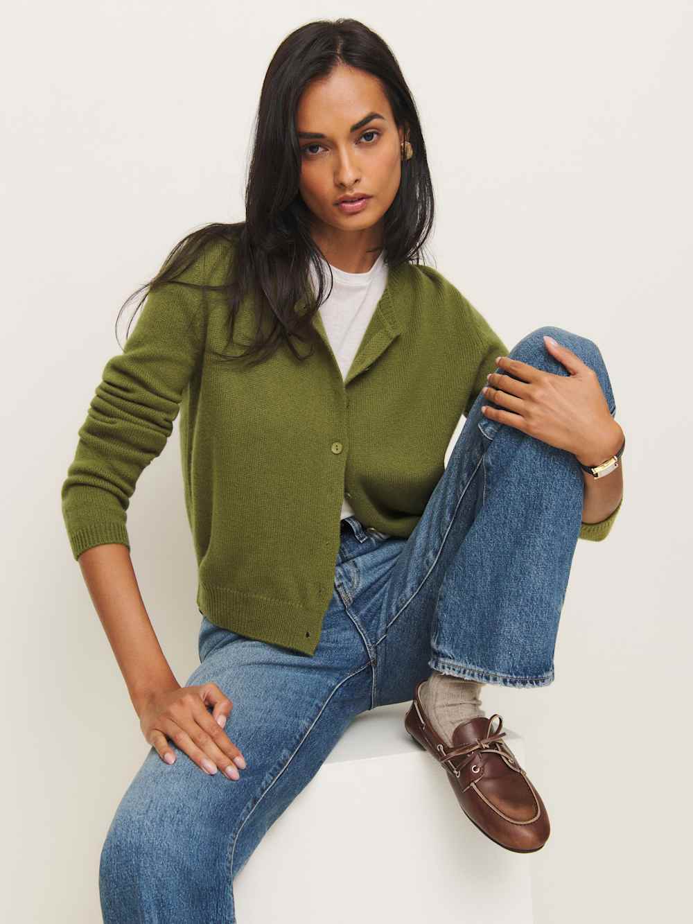Clara Cashmere Crew Cardigan - Pear