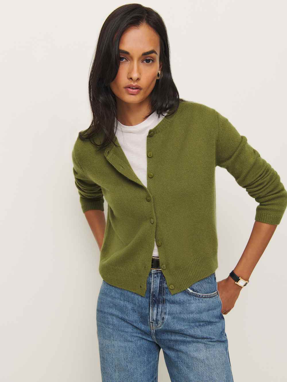 Clara Cashmere Crew Cardigan - Pear