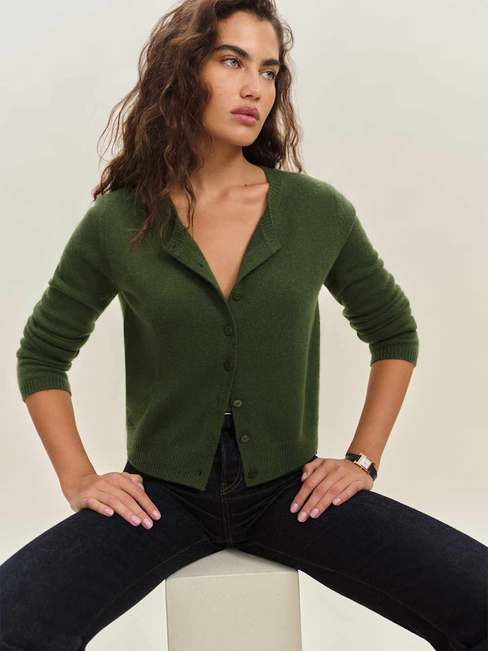 Clara Cashmere Crew Cardigan - Grass