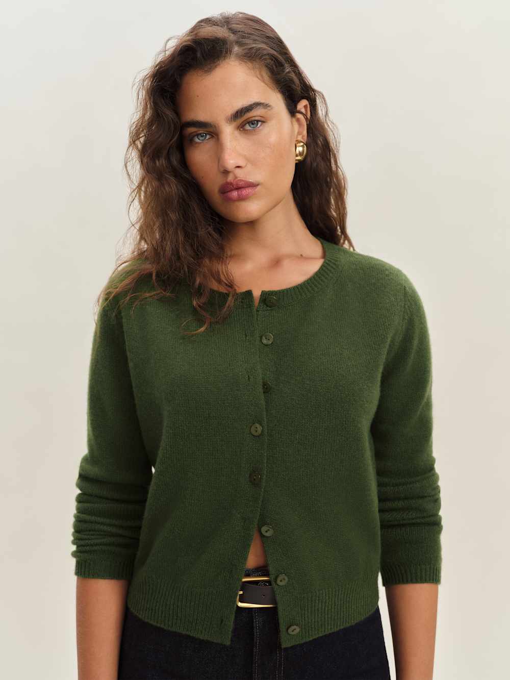 Clara Cashmere Crew Cardigan - Grass
