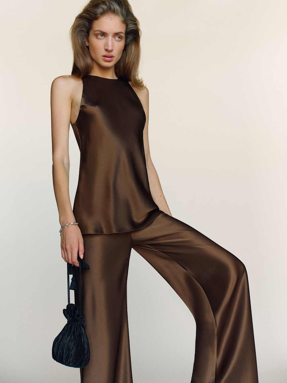Gale Satin Mid Rise Bias Pant - Pinecone