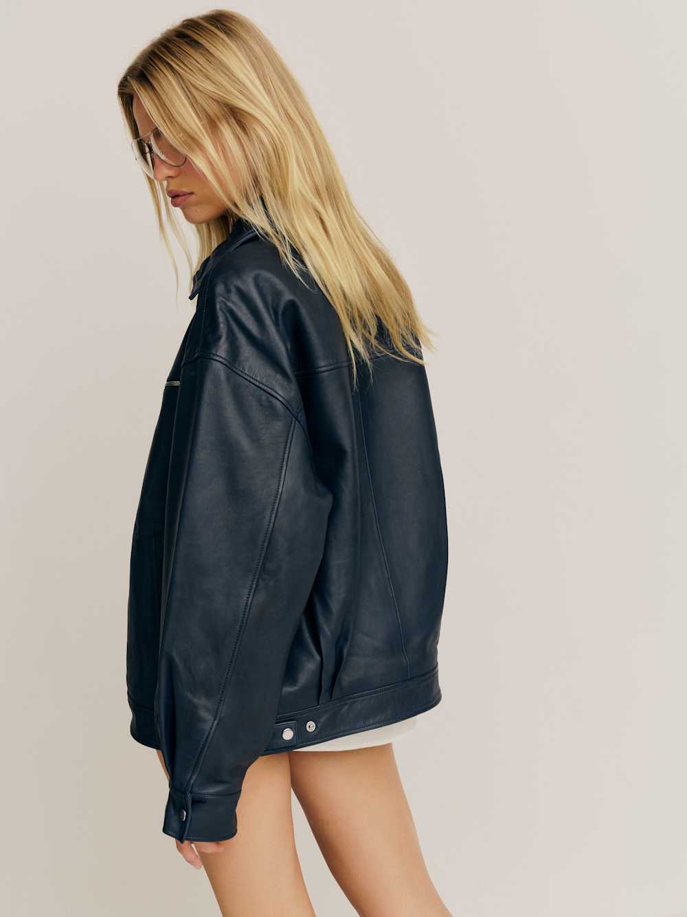 Veda Marco Leather Oversized Bomber - Navy