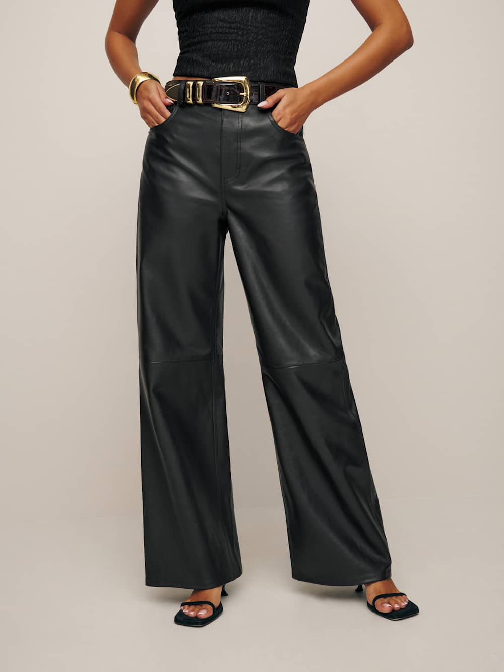 Petites Veda Kennedy Wide Leg Leather Pant - Black
