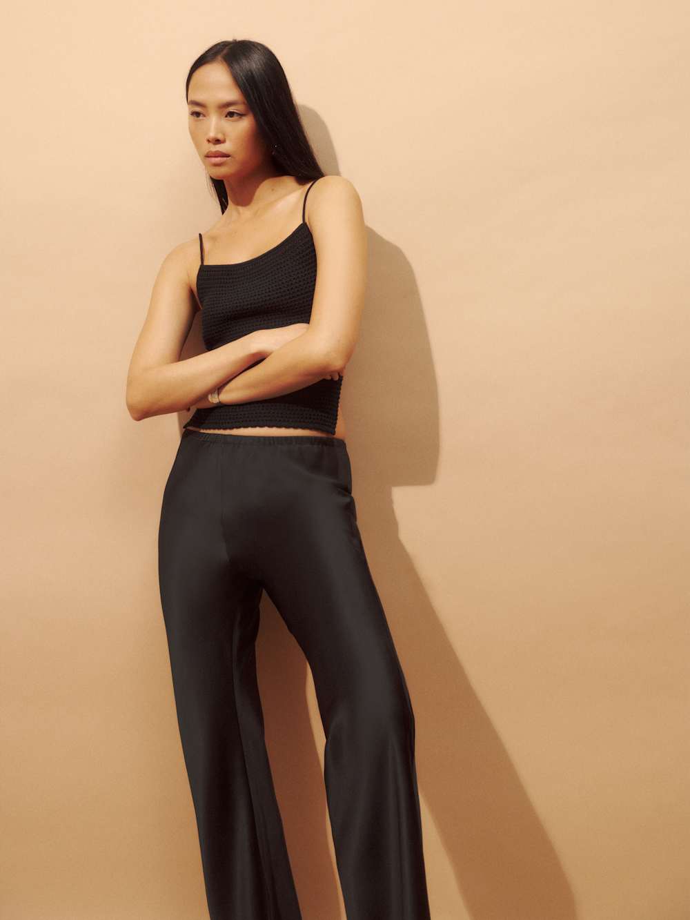 Petites Gale Satin Mid Rise Bias Pant - Black