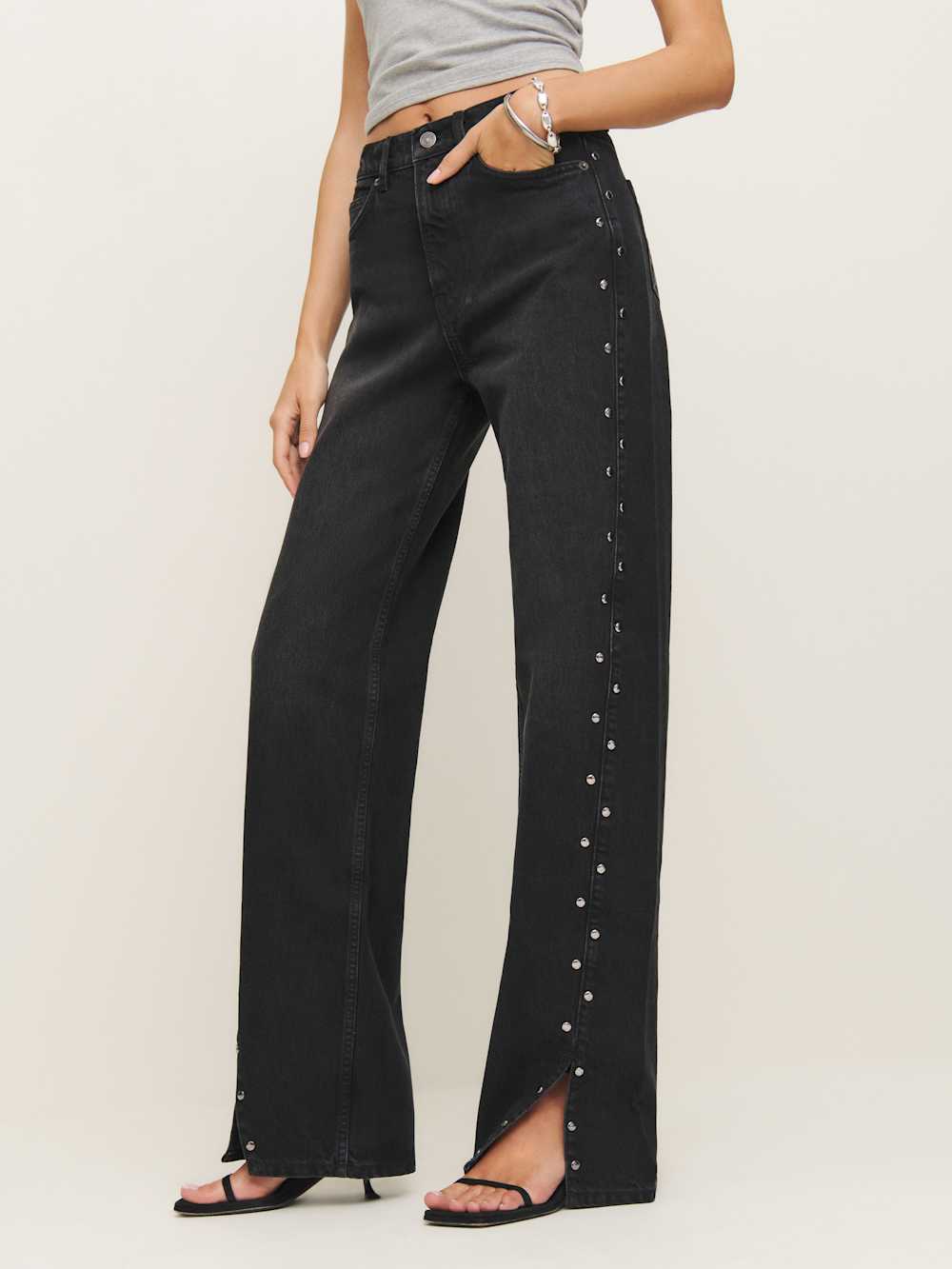 Cary High Rise Slouchy Straight Leg Jeans - Vana Vented Studded