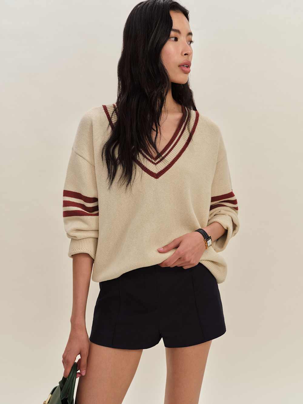 Sienna Oversized Cotton V Neck Sweater - Birch Chianti